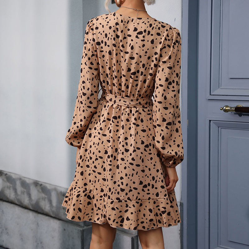 Jurk Dames Wikkel V-hals Volant Animal Print - Chiffon