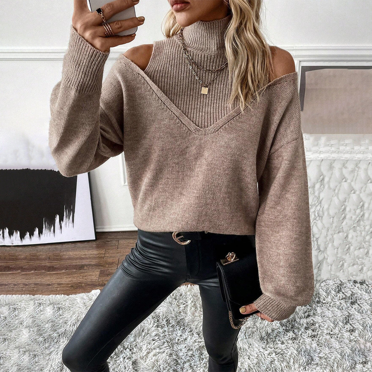 Trui Dames Coltrui Cold-Shoulder Gelaagde V-hals Lange Mouw