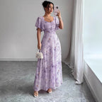 Jurk Dames Bloemenprint Maxi Sweetheart Flutter - Chiffon