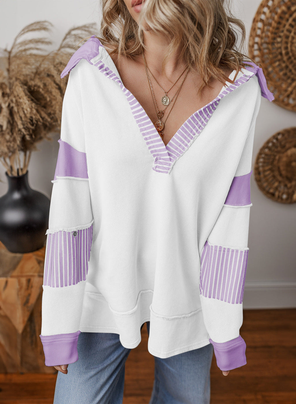 Miss | Jurk Dames Oversized V-hals Gestreept - Sweatstof