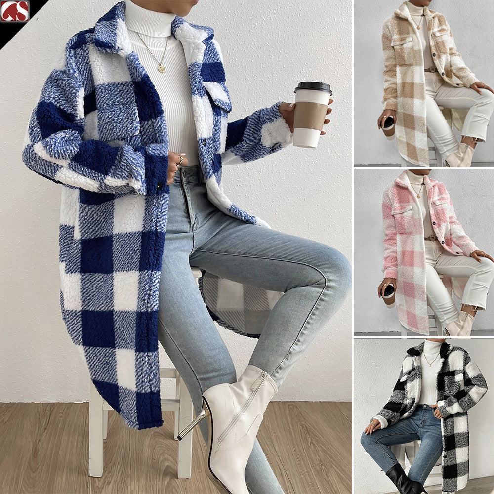 Jas Dames Lang Oversized Geruit Teddyfleece
