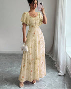 Jurk Dames Bloemenprint Maxi Sweetheart Flutter - Chiffon - Geel
