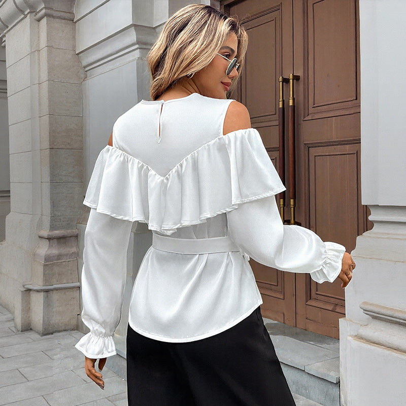 Blouse Dames Volant Cold-Shoulder Taillerende Strik - Satijn