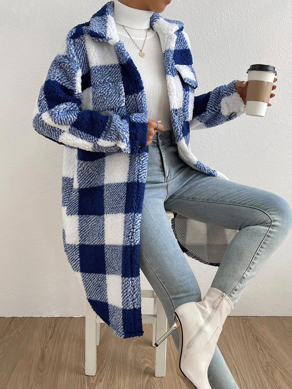 Jas Dames Lang Oversized Geruit Teddyfleece
