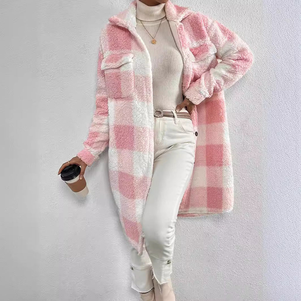 Jas Dames Lang Oversized Geruit Teddyfleece