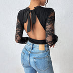 Lingerie Dames Kanten Body Lange Mouwen V-hals - Polyester