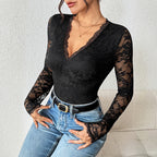 Lingerie Dames Kanten Body Lange Mouwen V-hals - Polyester