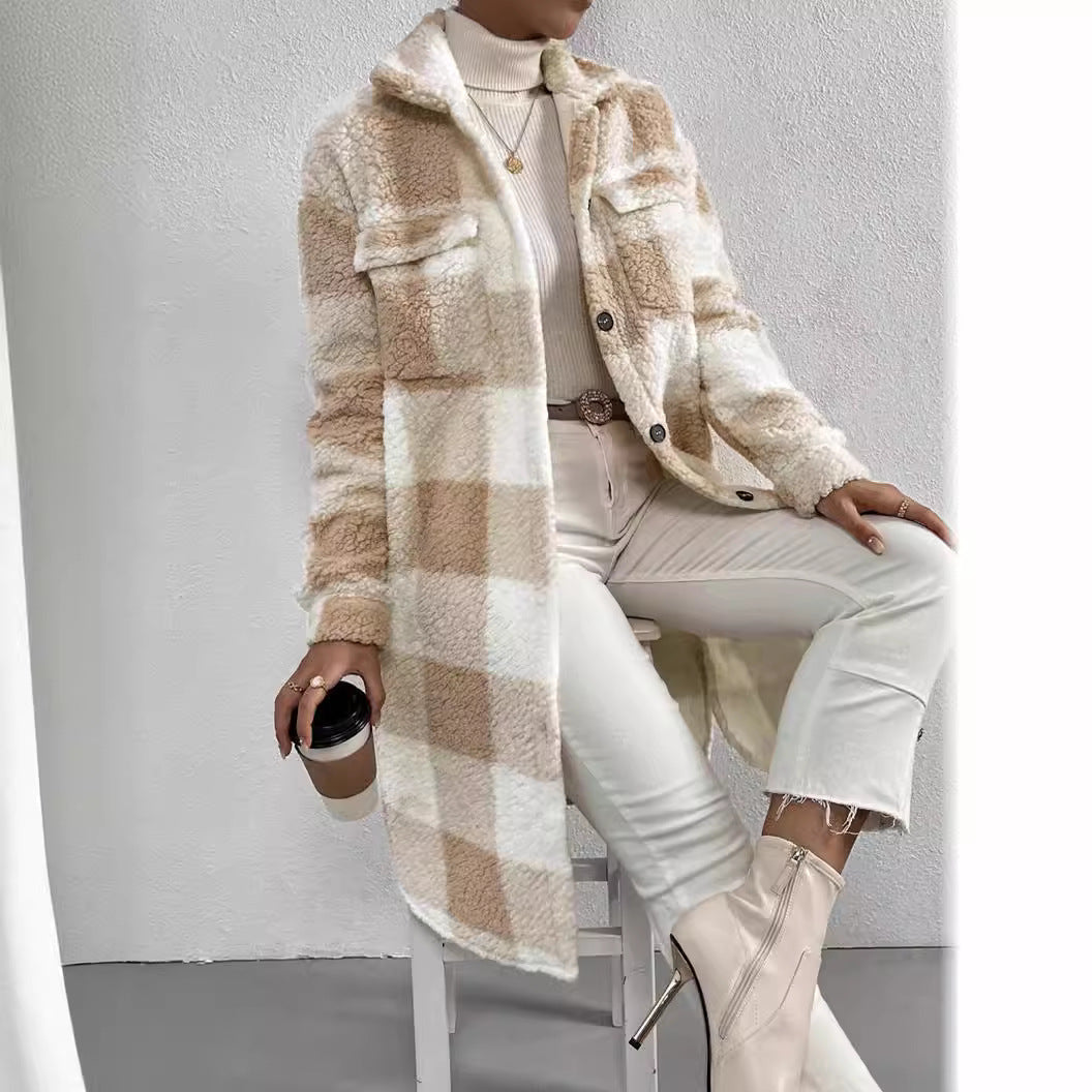 Jas Dames Lang Oversized Geruit Teddyfleece