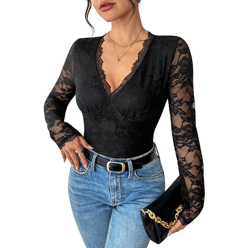 Lingerie Dames Kanten Body Lange Mouwen V-hals - Polyester