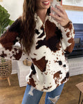 Hoodie Dames Quarter-Zip Sherpa Koeienprintpatroon Opstaande Kraag