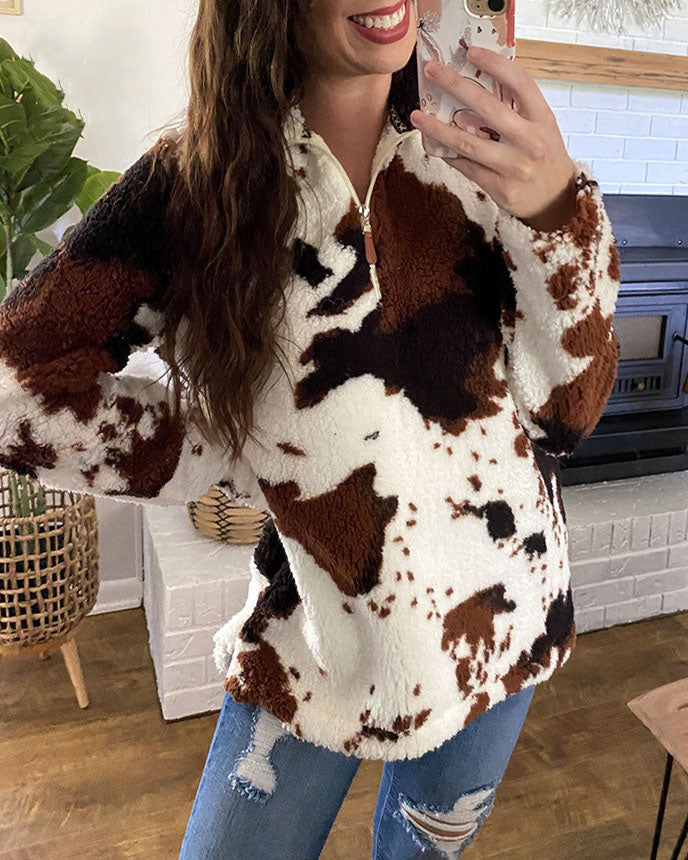 Hoodie Dames Quarter-Zip Sherpa Koeienprintpatroon Opstaande Kraag