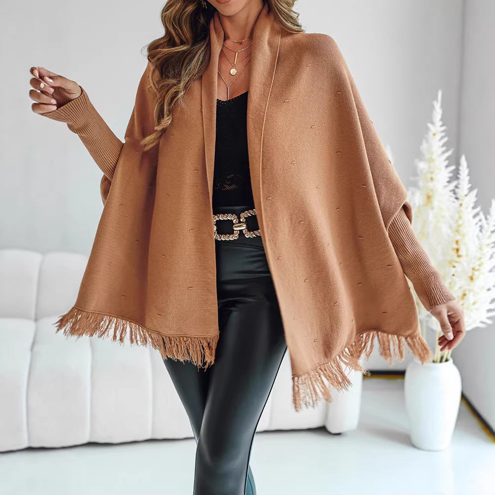 Jurk Dames Poncho Franjes Open Front - Wol
