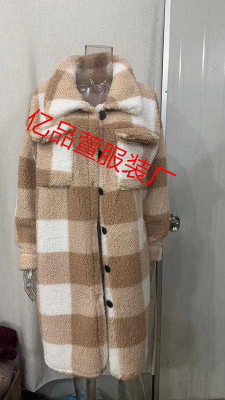 Jas Dames Lang Oversized Geruit Teddyfleece