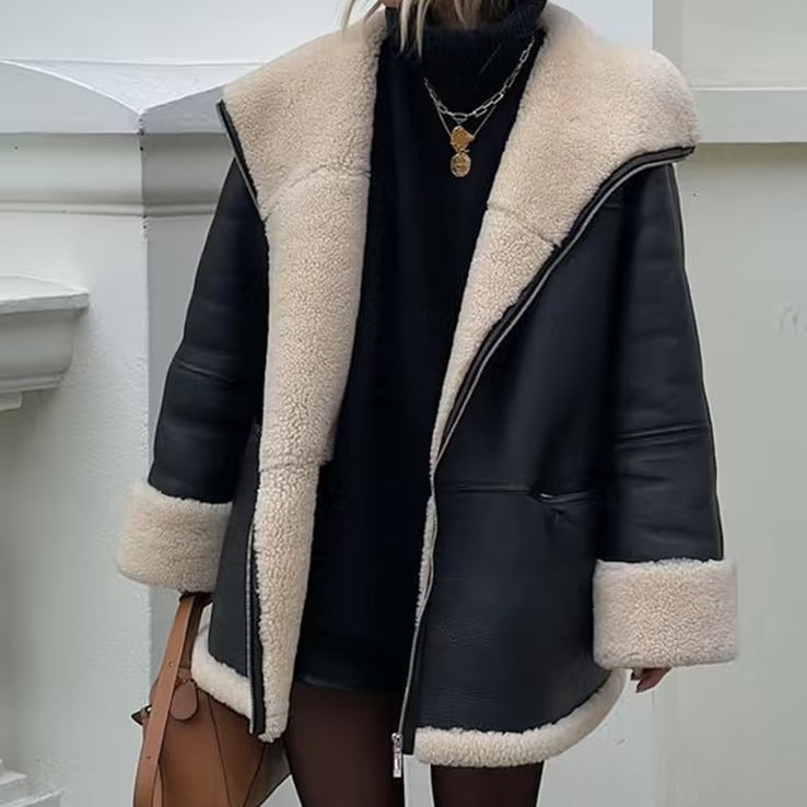 Jas Dames Oversized Aviator Teddyvoering Verborgen Rits