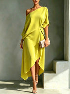 Jurk Dames Maxi Één-Schouder Zijsplit - Chiffon - Geel