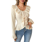 Blouse Dames Romantisch Volant V-hals Getailleerd - Chiffon