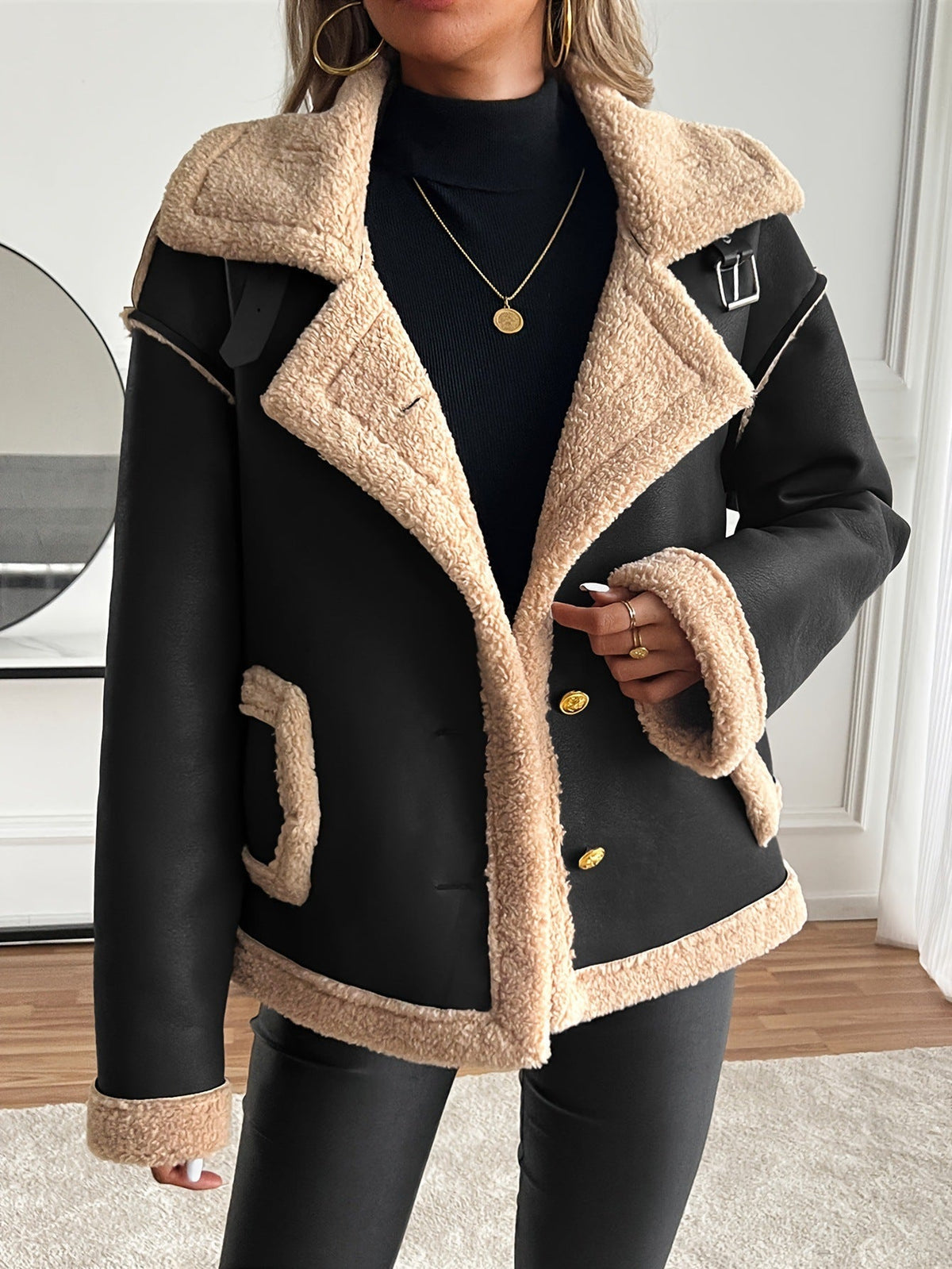 Jas Dames Teddy Fleece Voering Knoopsluiting Zijzakken