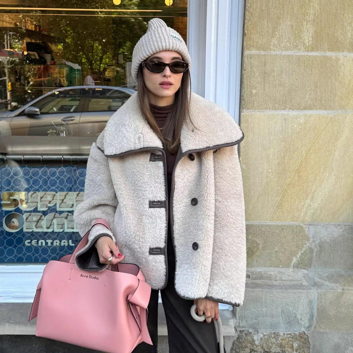 Miss | Jas Dames Oversized Sjaalkraag Knoopsluiting Kort - Teddy