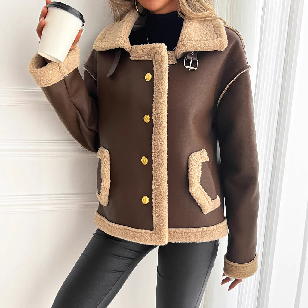 Jas Dames Teddy Fleece Voering Knoopsluiting Zijzakken