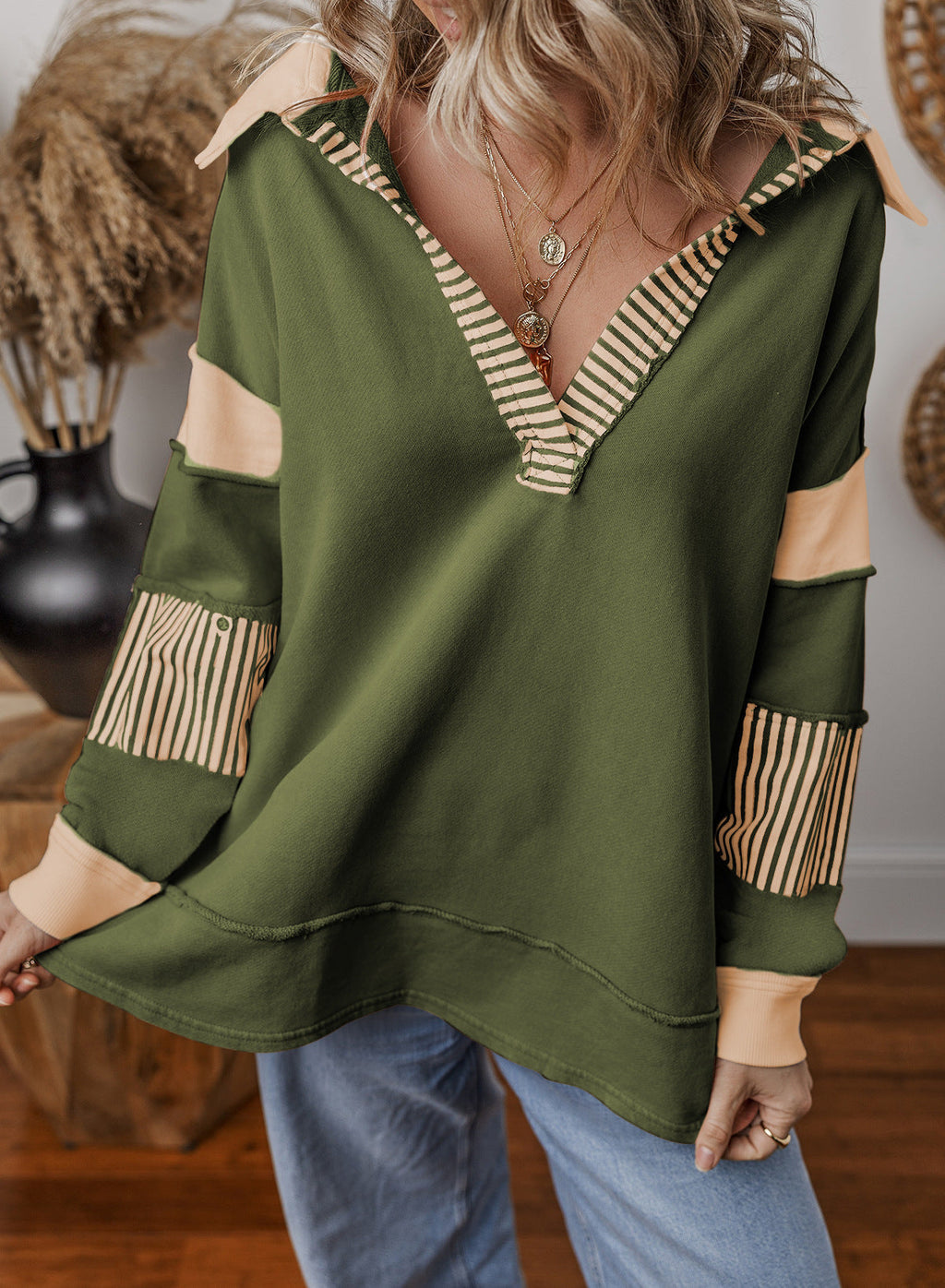 Miss | Jurk Dames Oversized V-hals Gestreept - Sweatstof