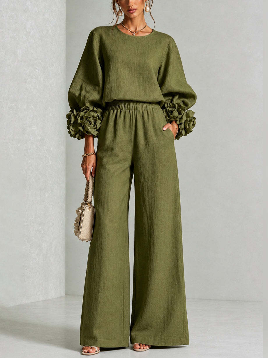 Co-ord set Dames Bloemen Manchetten Wijde Pijpen High-Waist