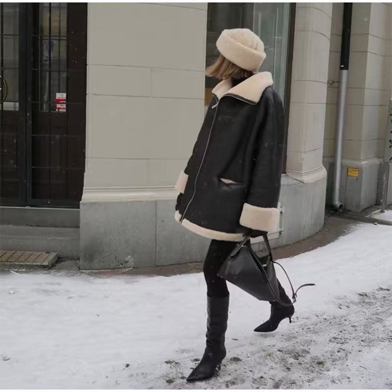 Jas Dames Oversized Aviator Teddyvoering Verborgen Rits