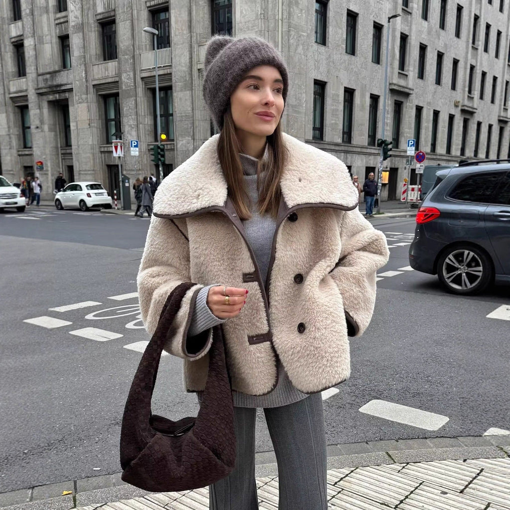 Miss | Jas Dames Oversized Sjaalkraag Knoopsluiting Kort - Teddy
