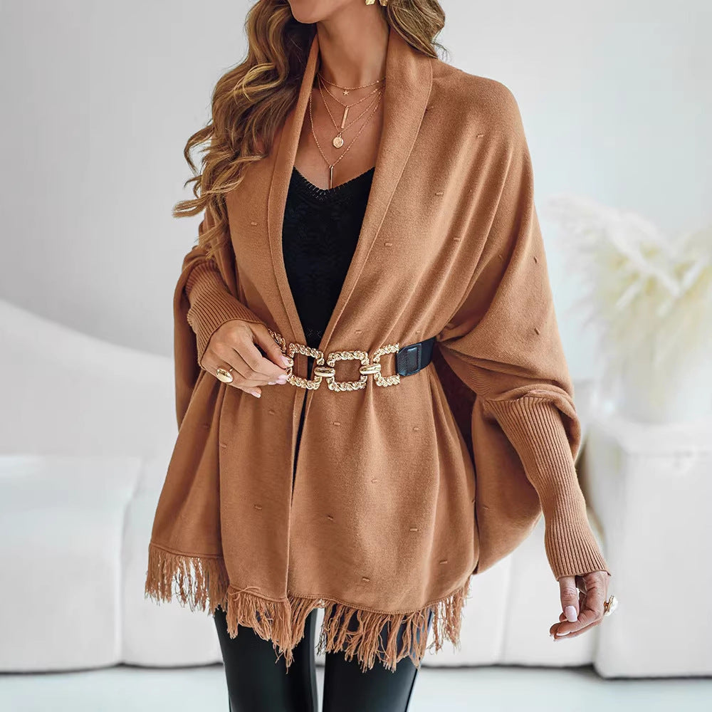 Jurk Dames Poncho Franjes Open Front - Wol