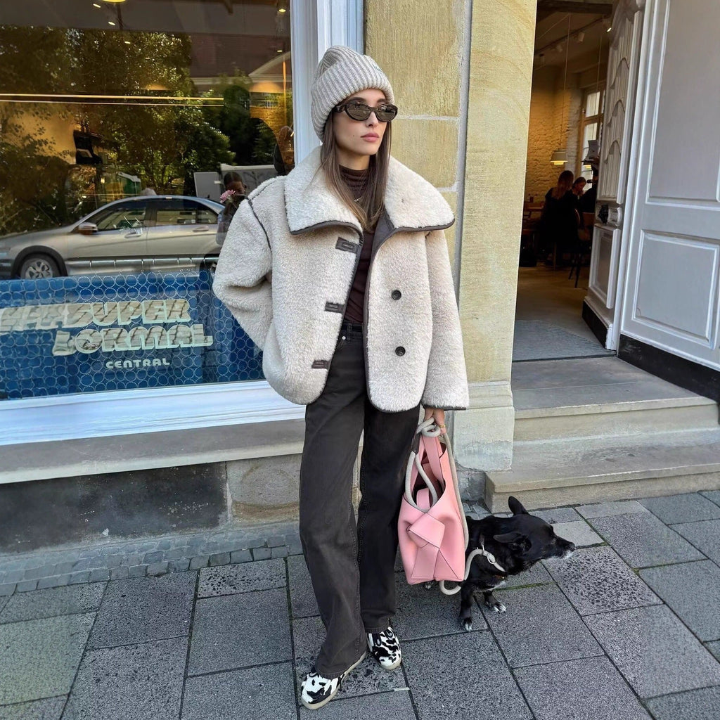 Miss | Jas Dames Oversized Sjaalkraag Knoopsluiting Kort - Teddy