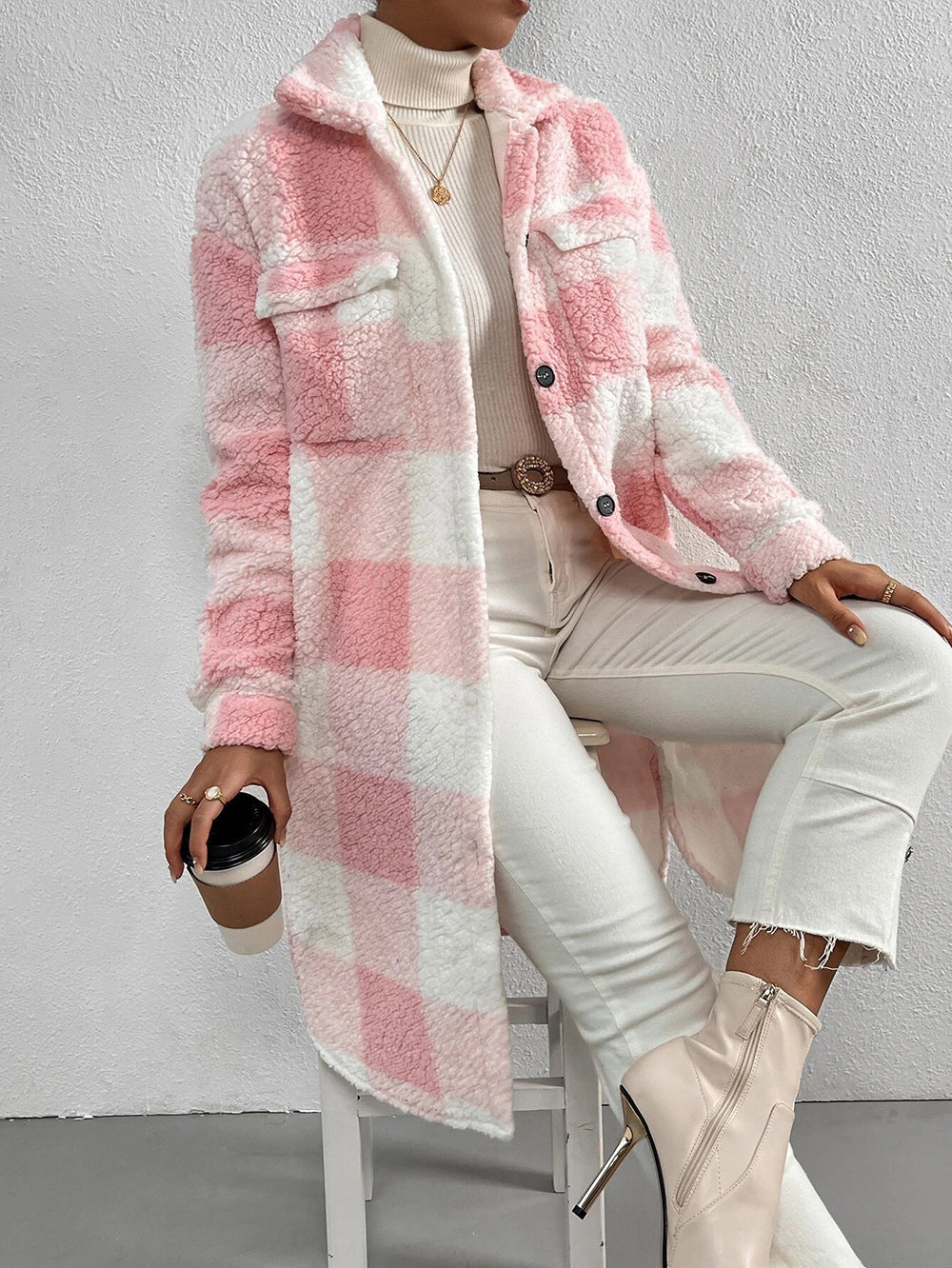 Jas Dames Lang Oversized Geruit Teddyfleece