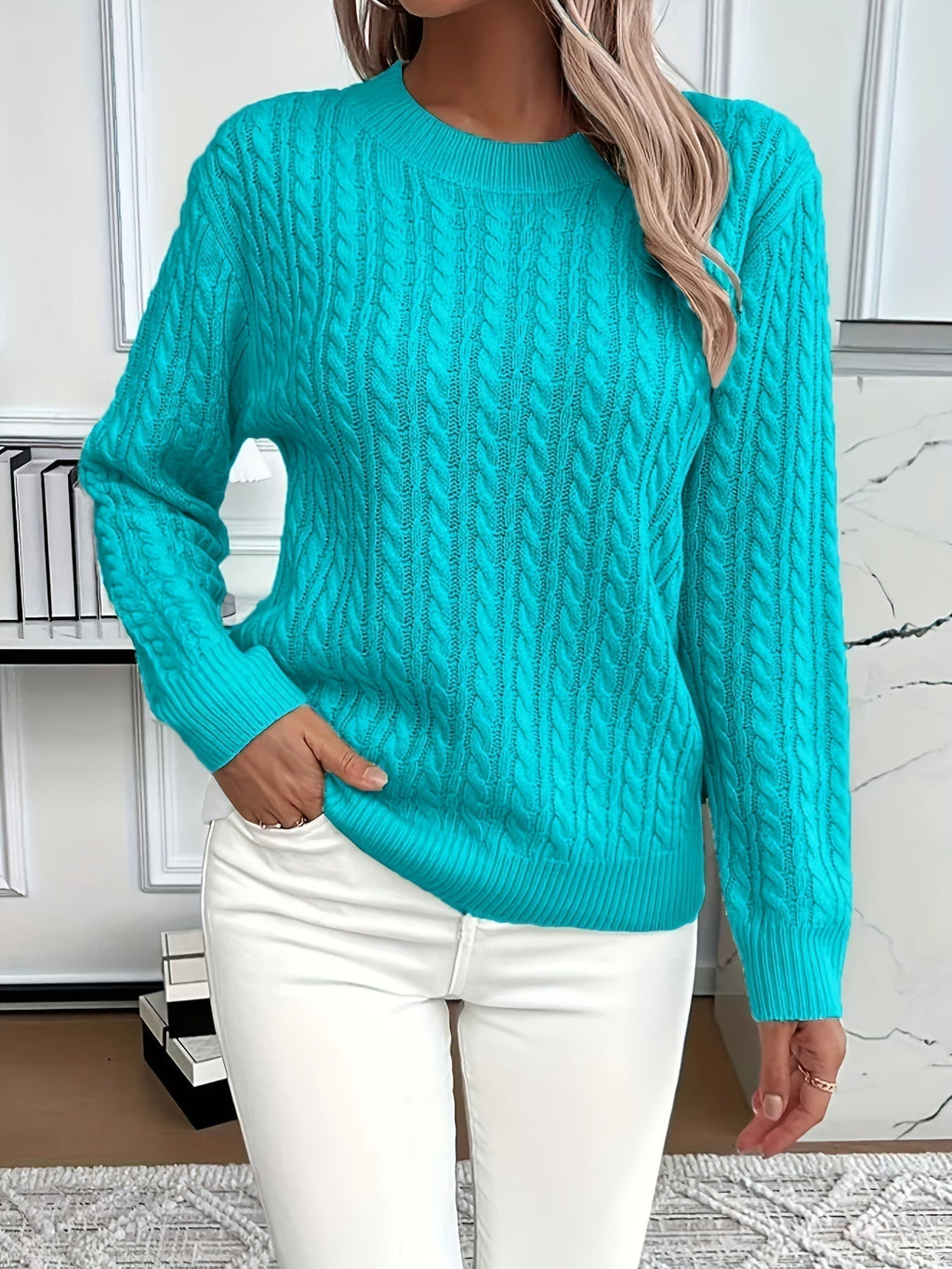 Miss | Trui Dames Oversized Kabelpatroon Ronde Hals Heuplengte