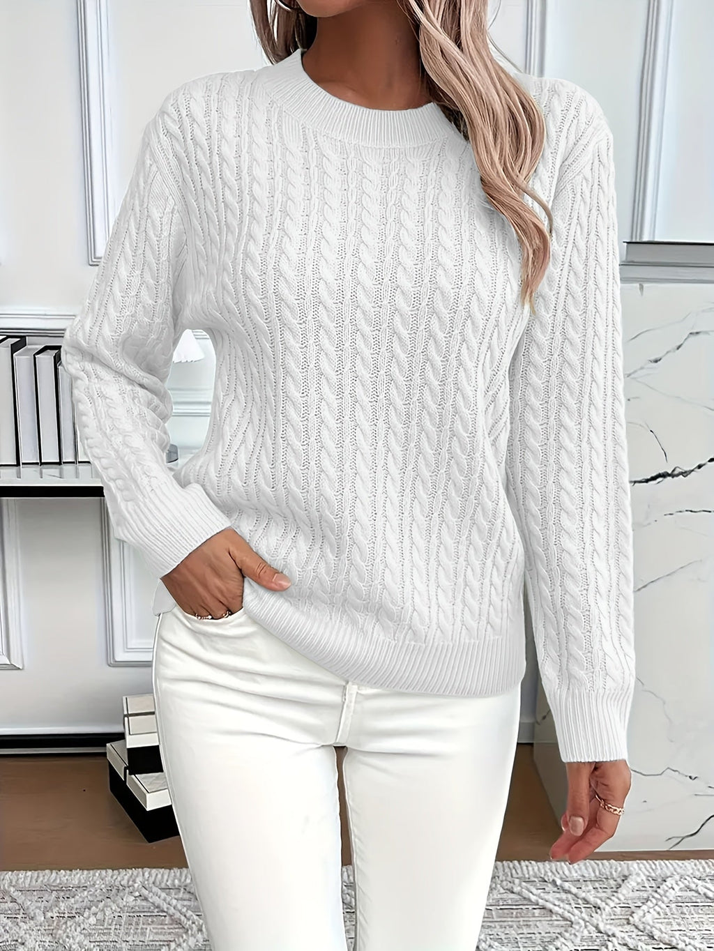 Miss | Trui Dames Oversized Kabelpatroon Ronde Hals Heuplengte