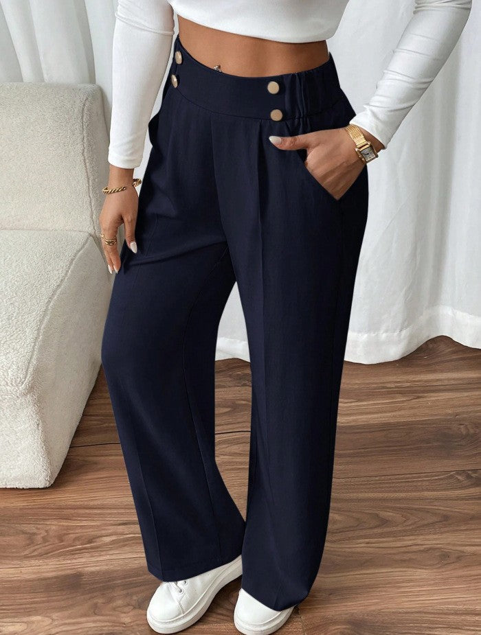 Miss | Pantalon Dames Hoge Taille Wijde Pijp Knoopdetail Enkellang