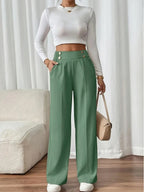 Miss | Pantalon Dames Hoge Taille Wijde Pijp Knoopdetail Enkellang