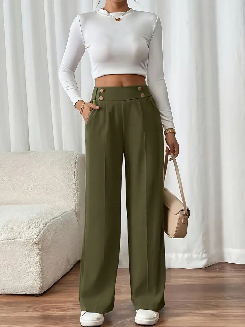 Miss | Pantalon Dames Hoge Taille Wijde Pijp Knoopdetail Enkellang