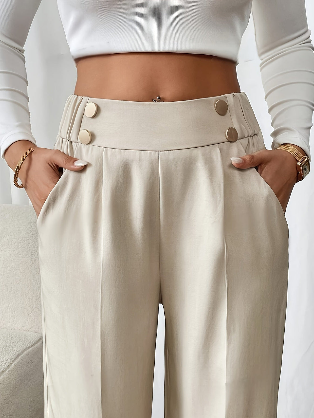 Miss | Pantalon Dames Hoge Taille Wijde Pijp Knoopdetail Enkellang