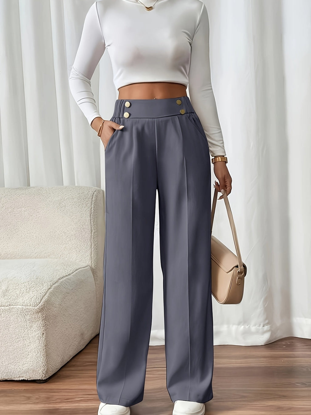 Miss | Pantalon Dames Hoge Taille Wijde Pijp Knoopdetail Enkellang