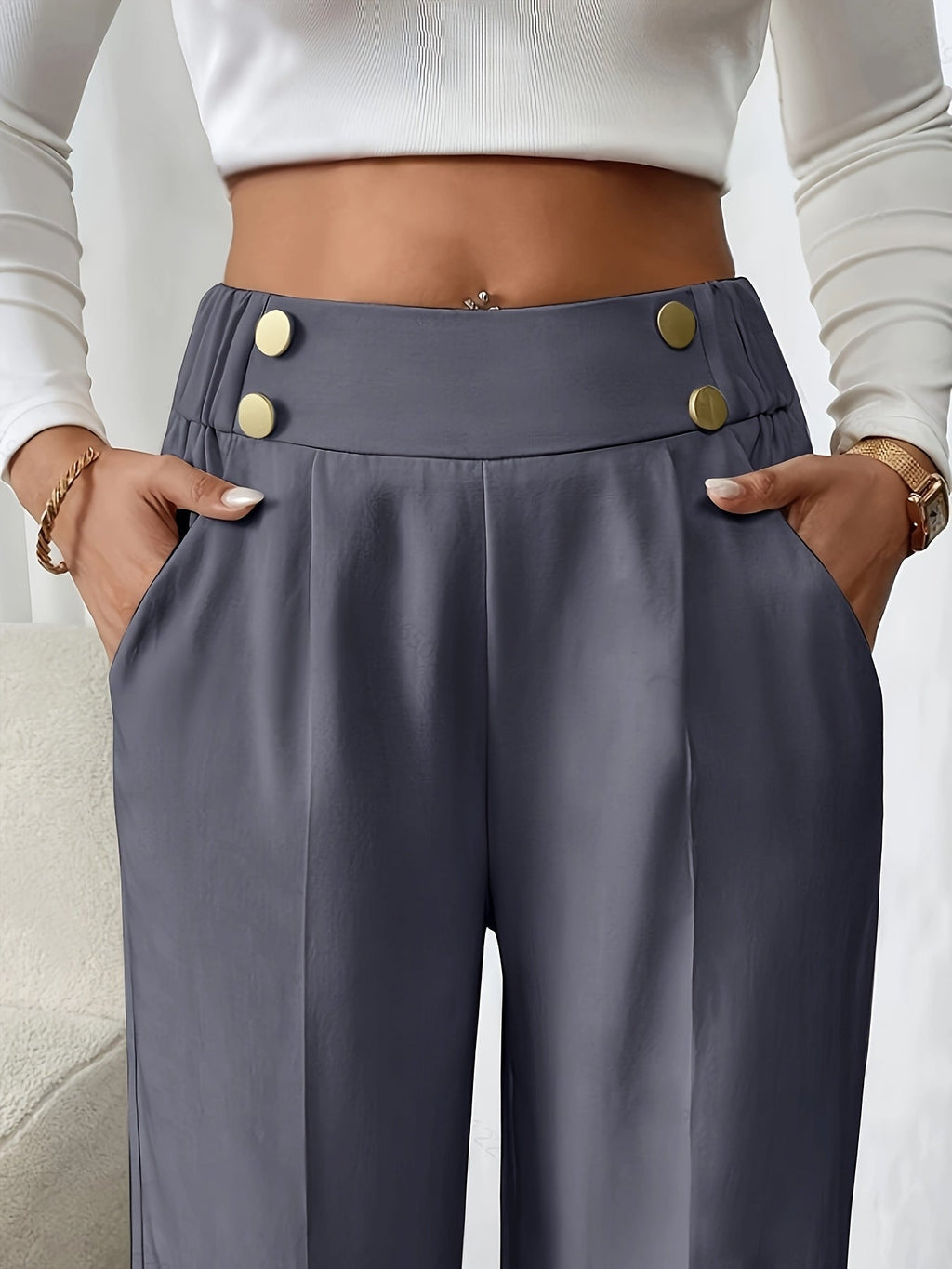 Miss | Pantalon Dames Hoge Taille Wijde Pijp Knoopdetail Enkellang