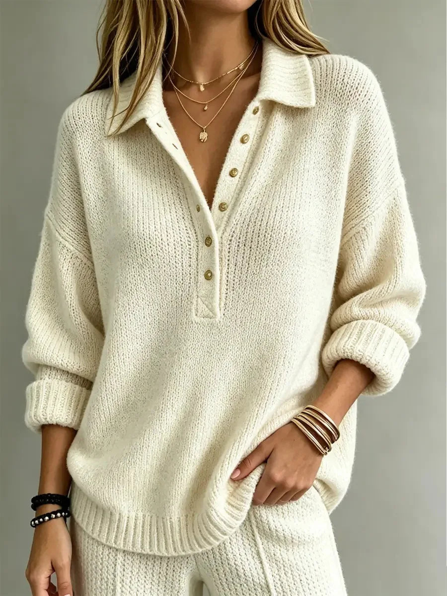 Miss | Trui Dames Oversized Polokraag Gouden Knoopsluiting - Gebreid