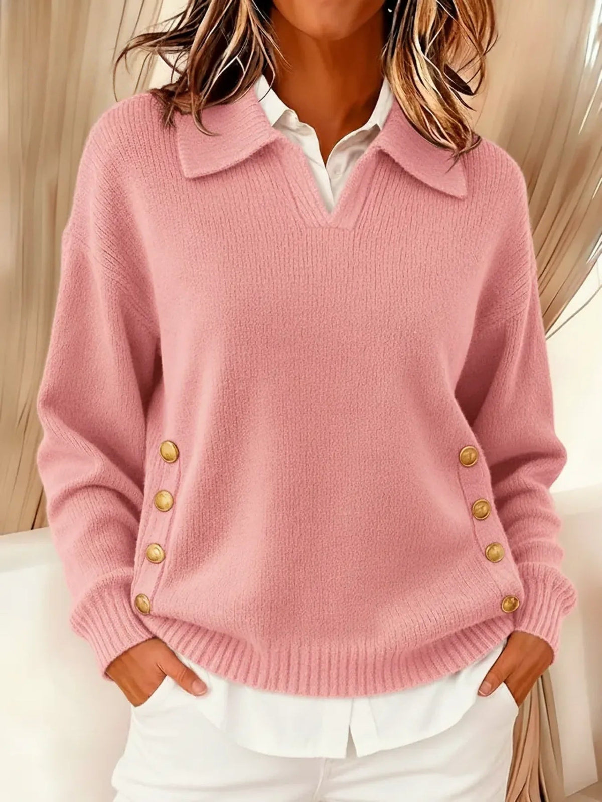 Miss | Trui Dames Polokraag Gouden Zijknoppen Relaxed Fit
