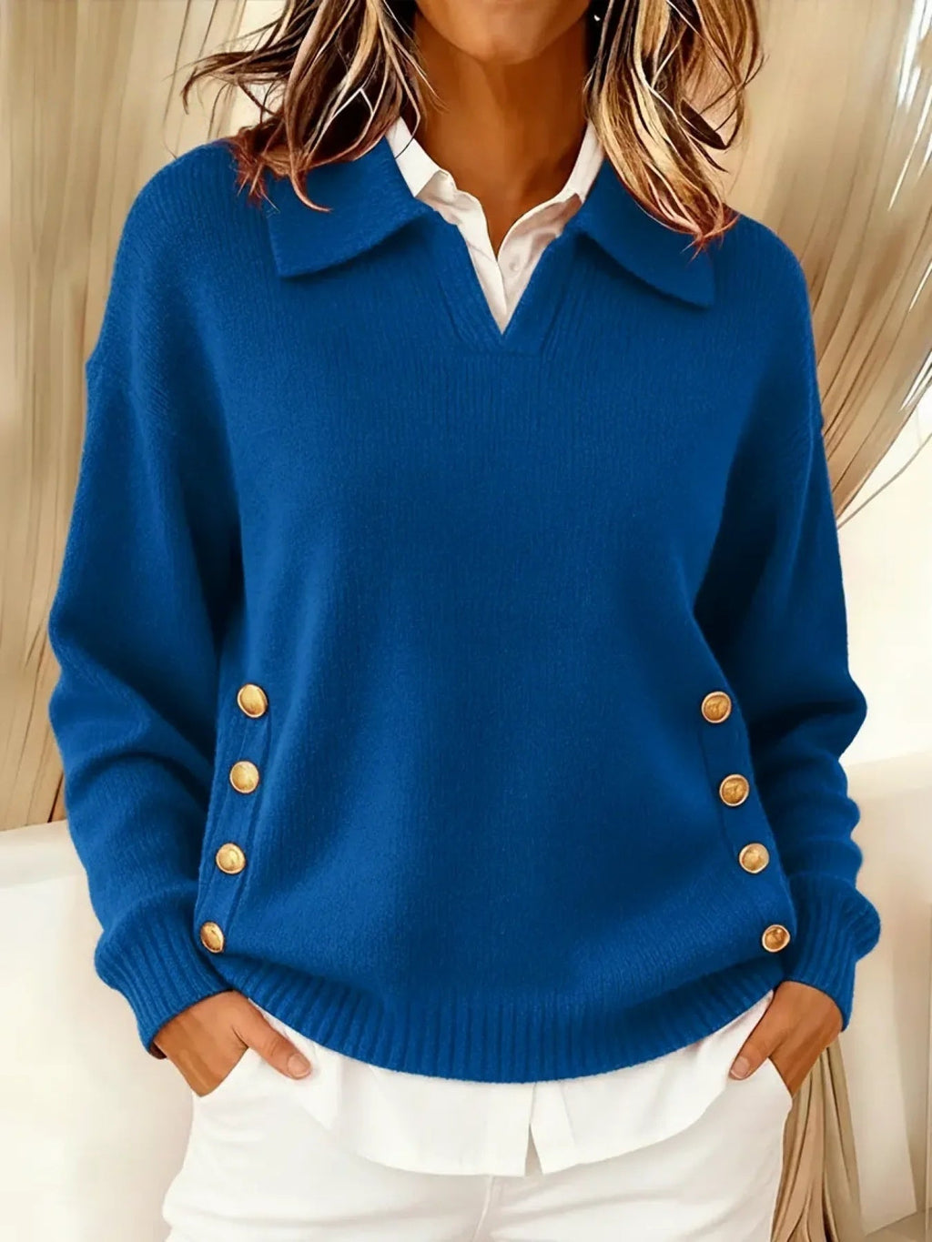 Miss | Trui Dames Polokraag Gouden Zijknoppen Relaxed Fit