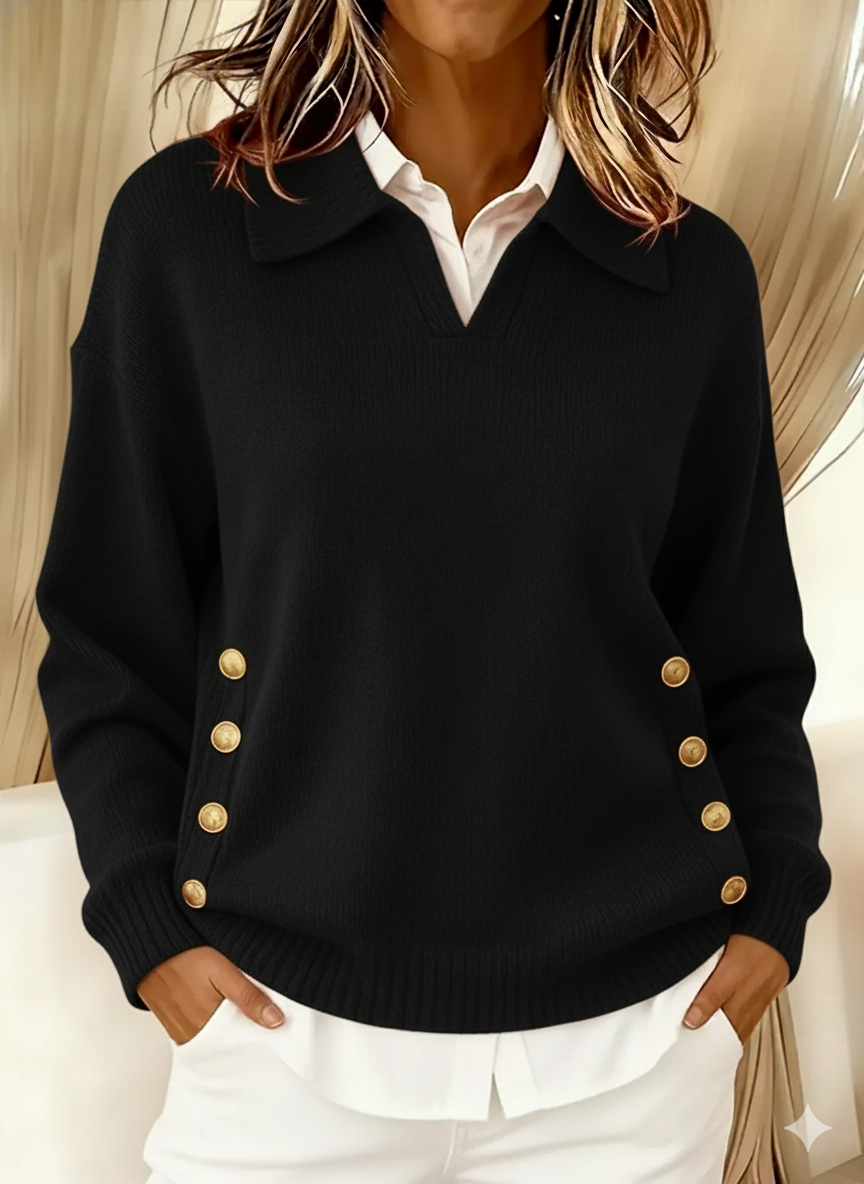 Miss | Trui Dames Polokraag Gouden Zijknoppen Relaxed Fit