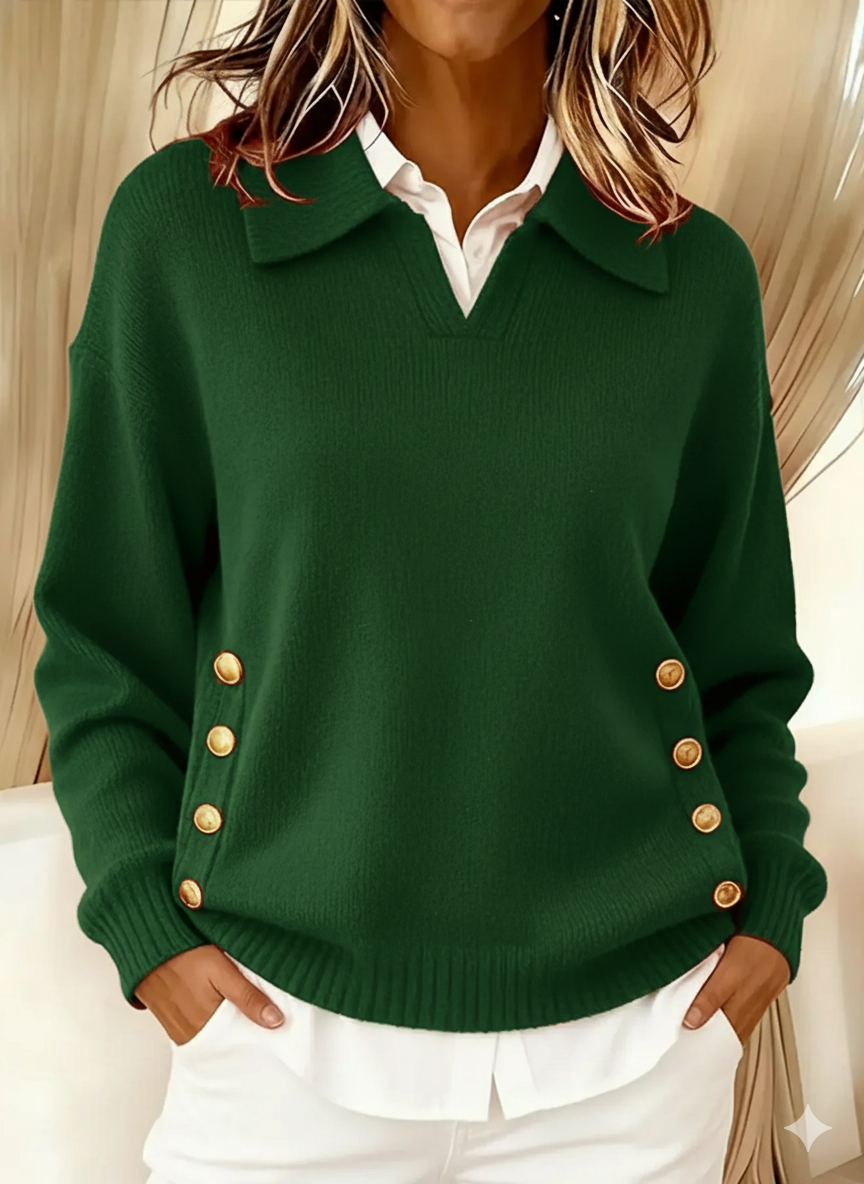 Miss | Trui Dames Polokraag Gouden Zijknoppen Relaxed Fit