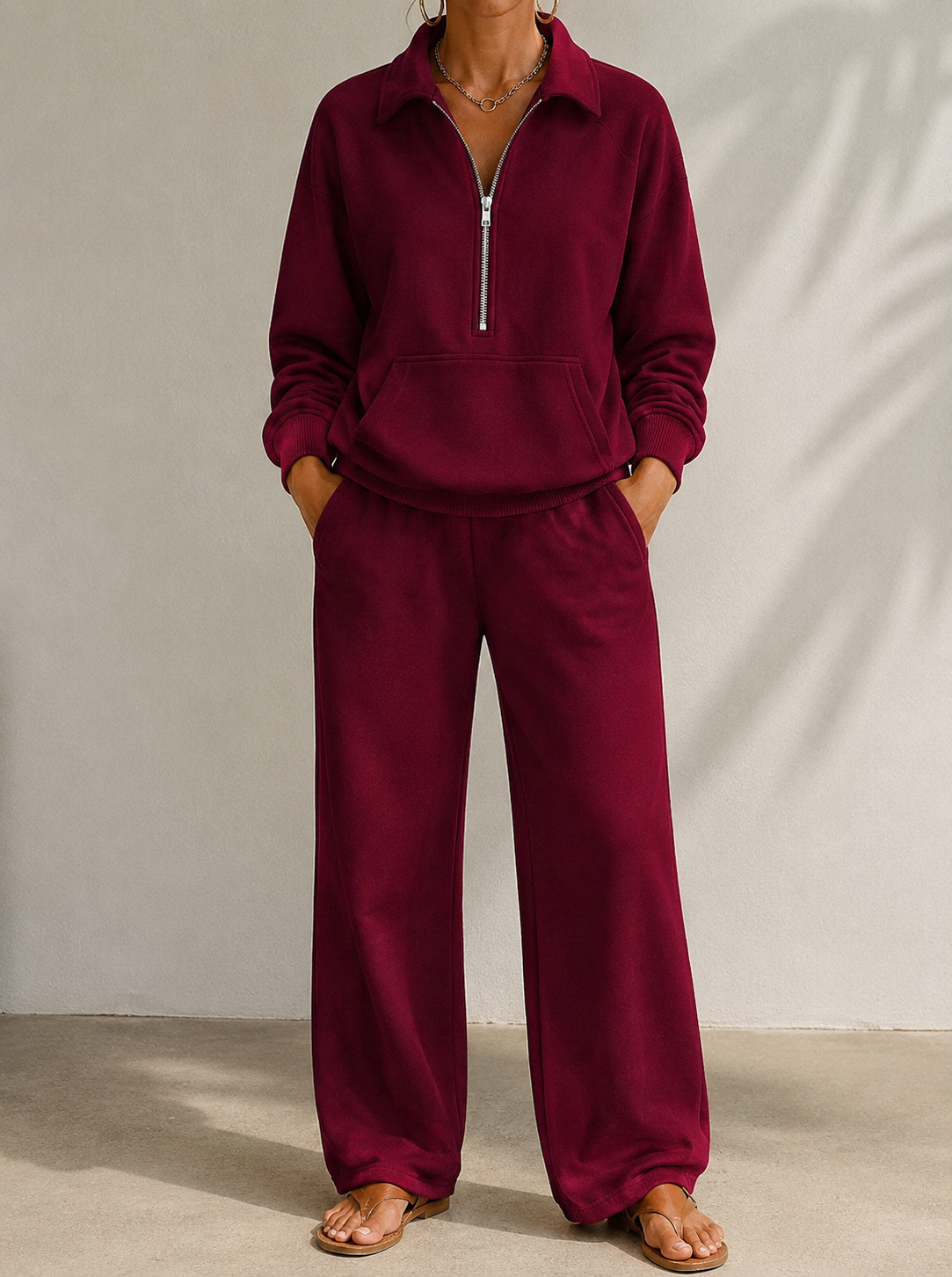 Miss | Tweedelige Set Dames Halve Rits + Wijde Pijp – Co-ord Set