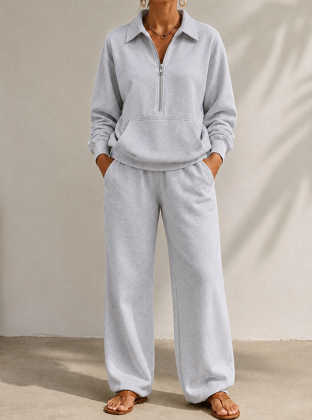 Miss | Tweedelige Set Dames Halve Rits + Wijde Pijp – Co-ord Set