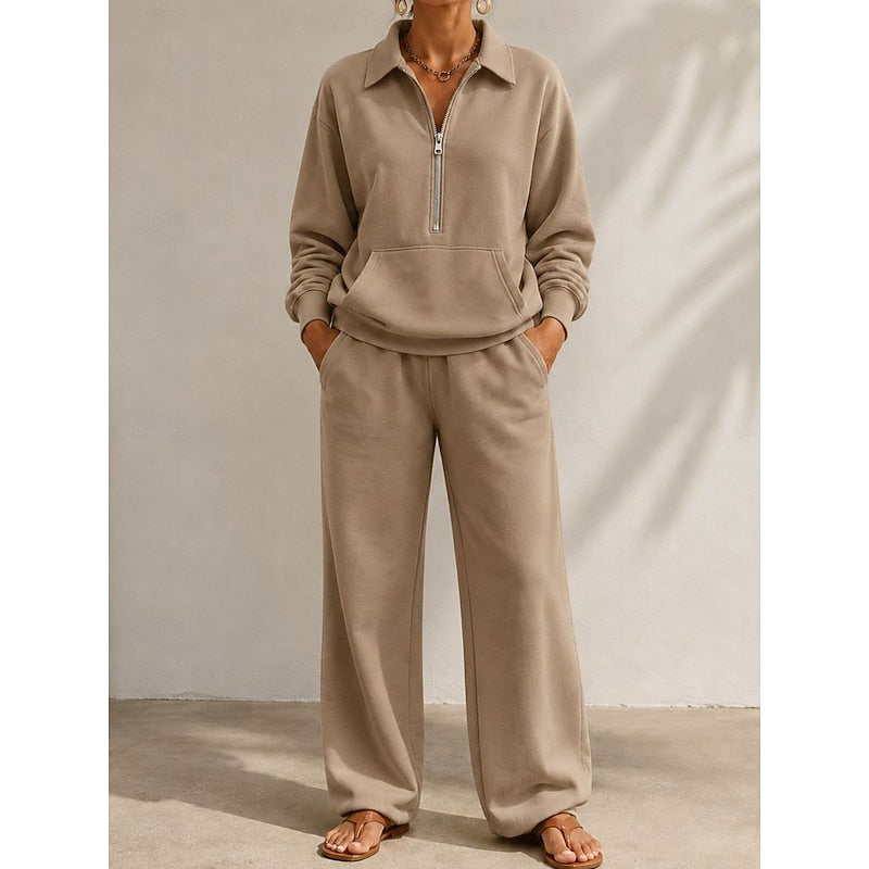 Miss | Tweedelige Set Dames Halve Rits + Wijde Pijp – Co-ord Set