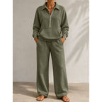 Miss | Tweedelige Set Dames Halve Rits + Wijde Pijp – Co-ord Set
