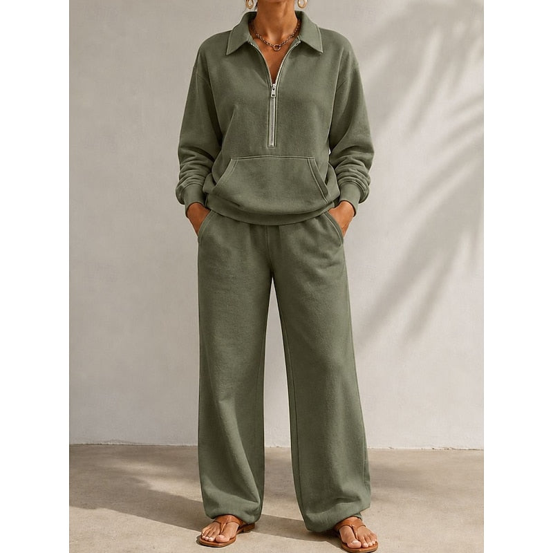Miss | Tweedelige Set Dames Halve Rits + Wijde Pijp – Co-ord Set
