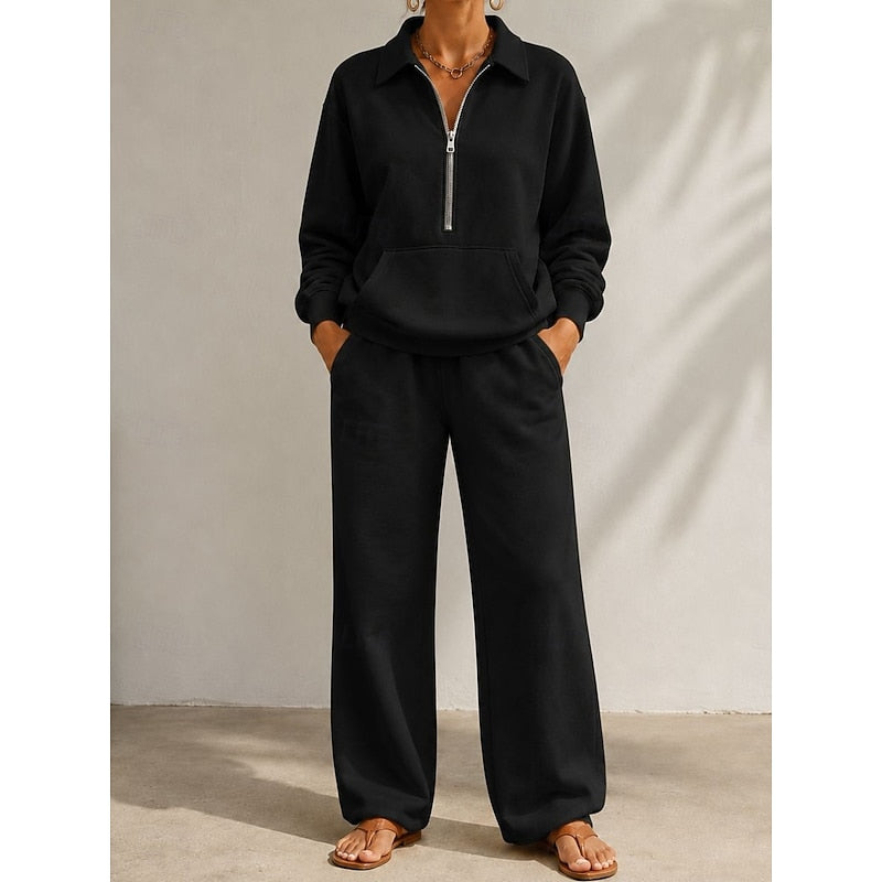 Miss | Tweedelige Set Dames Halve Rits + Wijde Pijp – Co-ord Set