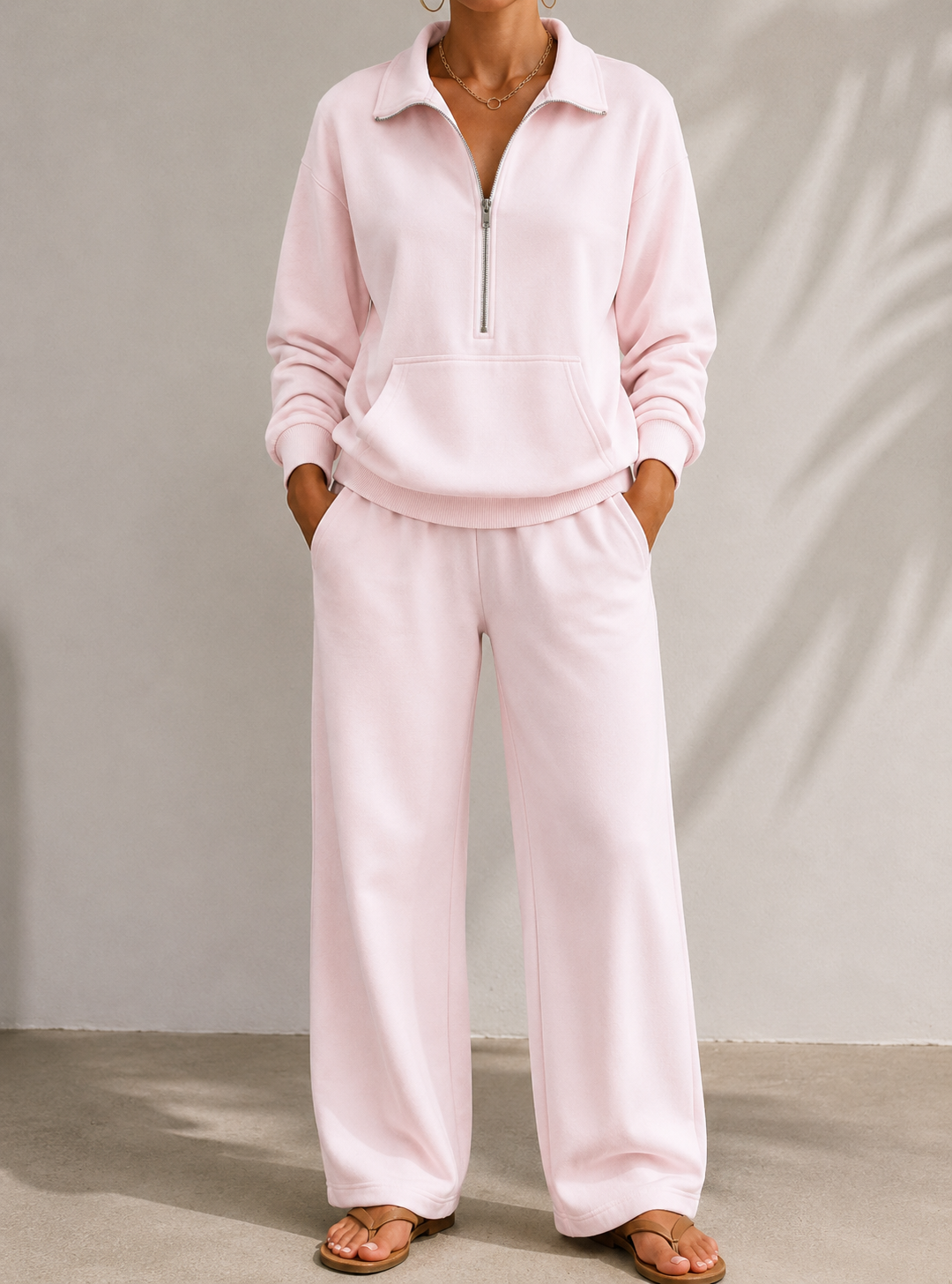 Miss | Tweedelige Set Dames Halve Rits + Wijde Pijp – Co-ord Set